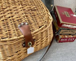 Vintage basket, cigar boxes