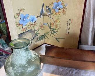 Vintage Asian screen, glass vase, pottery bowl