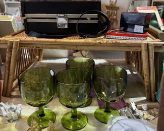 Vintage green goblets, Vintage camer and box, necklaces, christmas candles