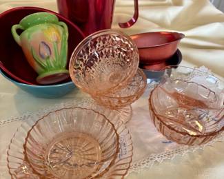 Vintage depression glass, base, aliminum pitcher
