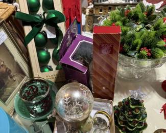 Vintage Christmas balls, glasses, tree, garland, wreath