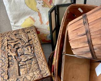 Vintage carved box, boxes and pillow
