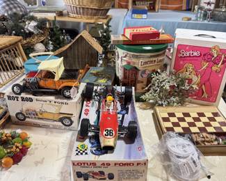 Vintage race cars, Barbie, Lincoln logs, chess, nativity