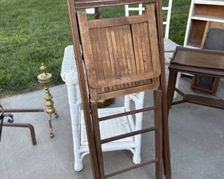 Vintage folding chair, wicker nightstand, table, shelf