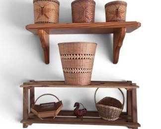 Vintage Woven Basket Wooden Storage Lot 9 Pieces Total