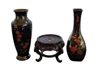 2 Vintage Black Ceramic Vases Asian Display Stand