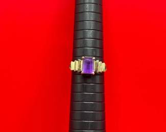10K Yellow Gold Ring With Purple Emerald Cut Gemstone