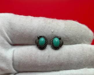 Native American Sterling Silver Turquoise Fancy Stud Earrings