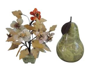 VTG Genuine Alabaster Pear And Chinese Hard Stone Bonsai Tree