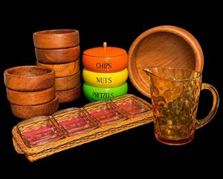 Vintage MCM Stacking Snack Set, Wicker And Glass Snack Tray, 9 Piece Wooden Salad At And Amber Glass