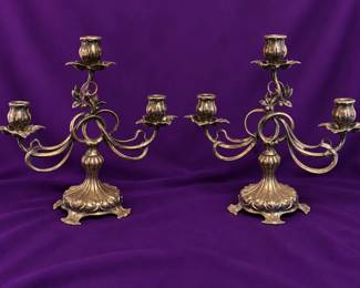 Two Arcoroc Styled Silver Plated Triple Armed Candelabras