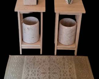 2 Marble Trash Cans And Tissue Dispenser, 2 Side Tables, Rug And Vase