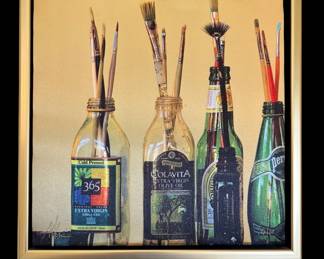 Five Bottles Framed Photo On Fabric