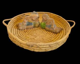 Asian Hand Carved Wood Good Luck Sleeping Children, Round Shallow Coiled Weave Basket