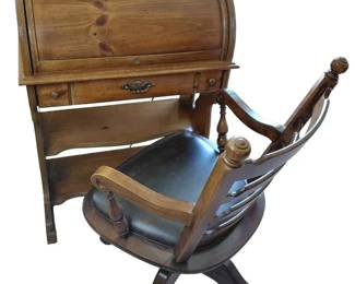 Vintage Wooden Cylinder RollTop Desk With Chair