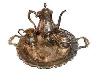 Silverplate Coffee Service Pot, Sugar Bowl And Creamer,Tray And Circular Tea Box.