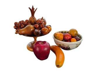 Vintage Hand carved Wood Fruit Bowl And Fruit, Portmirium Pomona Bowl With Plastic Fruit
