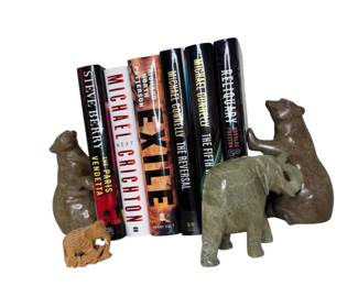 Rustic Brown Bear Bookends, Stone Carved Green Elephant Figurine, Mini Wooden Elephant Figurine