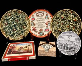 German Ceramic Die Omathe Grandmother Platter, 2 Japanese Paper Mache Trays, Bavarian Stutgard P