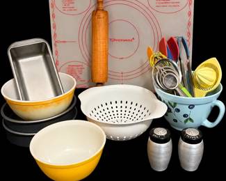 Baking Essentials Featuring A 1960s Era Bright Yellow Pyrex Bowl And Kromex SP Shakers