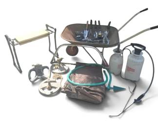 Gardening Yard Care Lot Wheelbarrow, Sprayers, Tarp Hand Tools