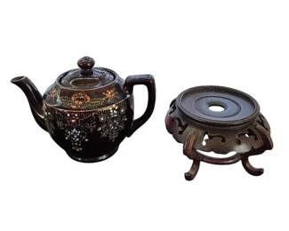 Traditional Wood Asian Display Stand Vintage Muriage Redwear Teapot
