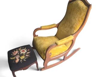 Antique Victorian Gooseneck Rocking Chair Vintage Needlepoint Footstool