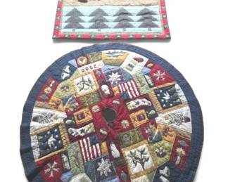 Vintage Pottery Barn 2000 Christmas Tree Skirt Matching Wall Hanging Set Folk Art Patchwork