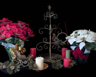 Holiday Decor Featuring Brass Tree, Sleigh And Trumpet Mystery Lot