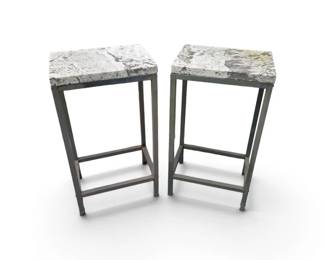Pair of Industrial Modern Metal Bar Stools with Granite Tops