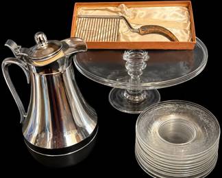 Vintage Antler Handled Cake Breaker W Cake Plates And Pedestal And Coffee Carafe