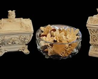 Signed Crystal Bowl Ornate Trinket Boxes