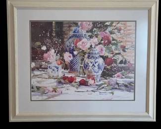 A Framed Print A Blush Of Roses Watercolor Signed M. Simandle