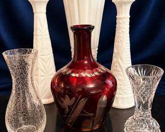 Six Vintage Vases Feat. 8 Bohemian Czech Ruby Red Vase