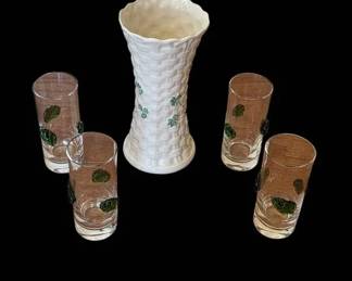 Belleek Shamrock Vase, Glass Shot Glasses With Glass Leaf Applique
