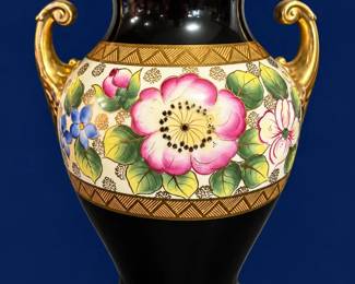 Possible Antique Noritake Two Handled Urn W Gold Trim And Painted Flowers