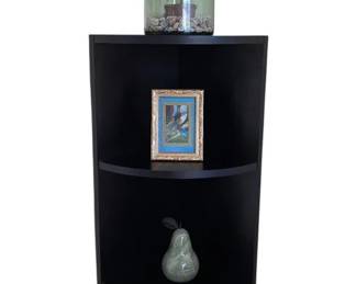 VTG Large Genuine Alabaster Pear, Black Corner Shelf And Framed Art