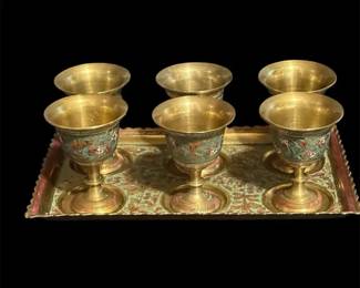 Vintage Brass Mini Goblet And Tray Set W Etching And Enameled Decorations