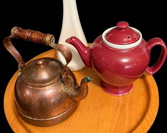 Teapot Elegance 1 Copper, 1 Ceramic, One White Vase And Wooden Lazy Susan