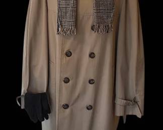 Classic London Fog Double Breasted Trench Coat, Scarf And Gloves