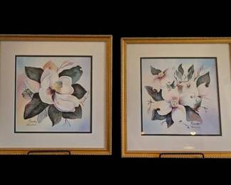 Framed Botanical Print Water Color Style Magnolias Artist B. Sumrall