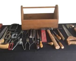 Vintage Woodworking Hand Tool Lot with Handmade Caddy