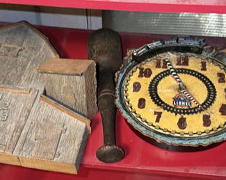 Lot 155: Decorative Clocks, Wooden Mallet, Framed Aircraft Stamp Art, and Train Stamp Sheet