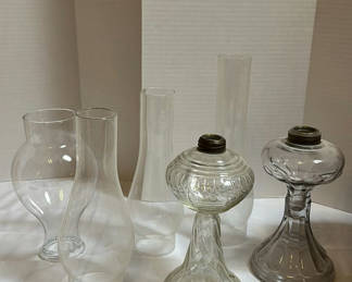 Lot 238: Glass Lamp Chimneys, Glass Lamp Bases, and Wicker Basket