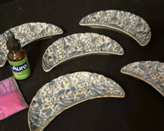 Lot 264: Blue and White Crescent Ceramic Dishes with Assorted Household Items