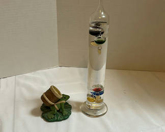 Lot 207: Glass Galileo Thermometer and Frog Figurine Holder