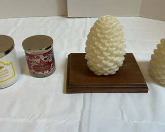 Lot 203: DW Home Fresh Lemon Candle, White Barn Spiced Apple Toddy Candle, and Pinecone Decor