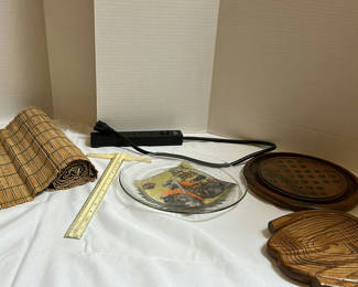 Lot 246: Assorted Wooden Kitchen Items, Glass Plate, Bamboo Mat, and Power Strip