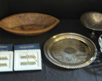 Lot 141: Decorative Metal and Wooden Serving Pieces with Train Ornaments