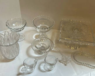 Lot 212: Assorted Clear Glass Decorative Serveware and Vases